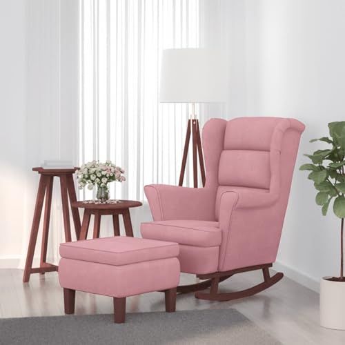 Snsowed Schaukelsessel und Hocker mit Holzbeinen, Sessel Wohnzimmer, Fernsehsessel Relaxsessel, Schaukelstuhl, Relaxstuhl, Wohnzimmersessel, Sessel Schlafzimmer, Rosa Samt von Snsowed