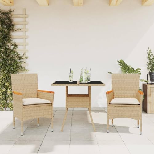 Xichuzi 3-TLG. Garten-Essgruppe mit Kissen Beige Poly Rattan und Glas, Esstisch Mit Stühlen Set, Gartenmöbel Sitzgruppe, Balkon Möbel, Gartenlounge Set, Terrassenmöbel, Balkonmöbel Set - 3278707 von Snsowed