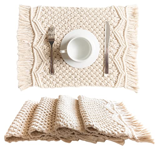 SnugLife Makramee-Platzsets Set von 4 – Handgefertigte gewebte Baumwolle Boho Tischsets – Moderne Bauernhaus-Fransen-Tischsets für Esstisch, Küche, gebrochenes Weiß, 30.5 x 45.7 cm von SnugLife