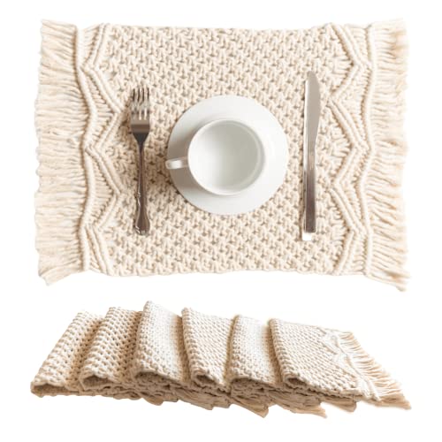 SnugLife Makramee-Platzsets, handgefertigt, gewebte Boho-Platzsets aus Baumwolle, Moderne Bauernhaus-Fransen-Tischsets für Esstisch, Küche, böhmische Hochzeitsdekoration, rustikales natürliches von SnugLife