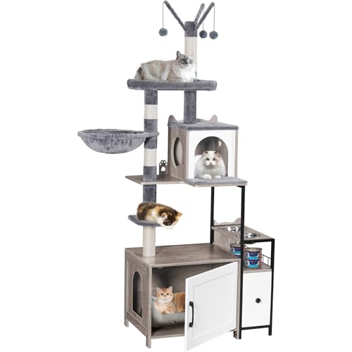 Snughome Kratzbaum mit Katzentoilette, 3-in-1 moderner Katzenturm für Indoor-Katzen, 170 cm versteckte Katzentoiletten-Möbel mit Katzenhütte, Futterstation und Hängematten, All-in-One-Katzenmöbel von Snughome