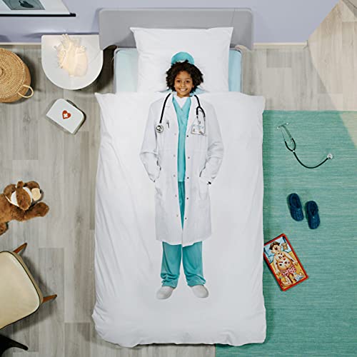 Snurk - Kinder Bettwäsche Set, Doctor Bettwäsche, 135 x 200 cm, inkl. 1 Kissenbezug 80 x 80 cm, aus 100% Bio-Baumwolle, Grün von Snurk