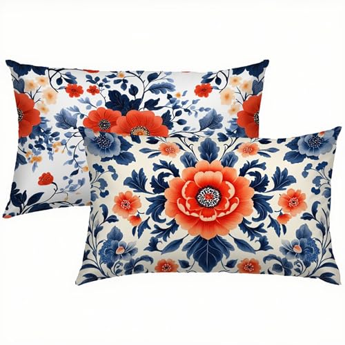 Blumen Kissenbezug 40x60 Kissenbezug Rot Samt 2er Set, Wasserdichter Kissenbezüge für Alle Jahreszeiten, Mode Flauschig Weich und Bügelfrei Pillow Cover, Deko für Wohnzimmer Sofa, Bett, Garten S1-446 von Snuysogx