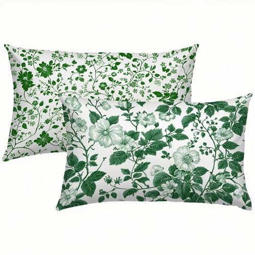 Blumen Kissenbezug 50x70 Kissenbezug Grün Leinen 2er Set, Wasserdichter Kissenbezüge für Alle Jahreszeiten, Mode Flauschig Weich und Bügelfrei Pillow Cover, Deko für Wohnzimmer Sofa Bett Garten S1-424 von Snuysogx
