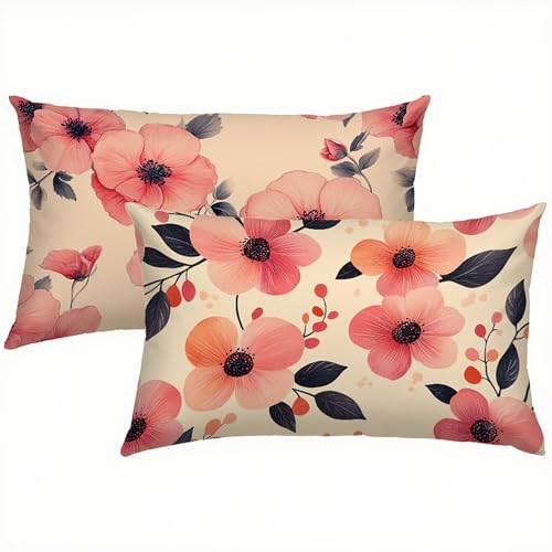 Blumen Kissenbezug 50x80 Kissenbezug Rosa Leinen 2er Set, Wasserdichter Kissenbezüge für Alle Jahreszeiten, Mode Flauschig Weich und Bügelfrei Pillow Cover, Deko für Wohnzimmer Sofa Bett Garten S1-426 von Snuysogx