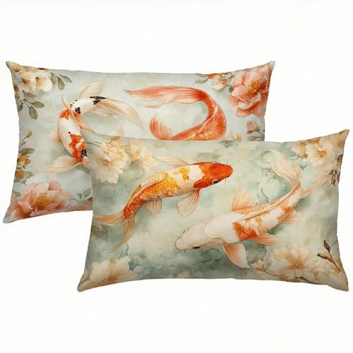 Koi Kissenbezug 40x70 Kissenbezug Bunt Samt 2er Set, Wasserdichter Kissenbezüge für Alle Jahreszeiten, Mode Flauschig Weich und Bügelfrei Pillow Cover, Deko für Wohnzimmer Sofa, Bett, Garten S1-432 von Snuysogx