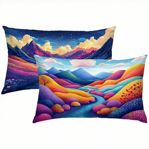 Landschaft Kissenbezug 50x70 Kissenbezug Bunt Samt 2er Set, Wasserdichter Kissenbezüge für Alle Jahreszeiten, Mode Flauschig Weich und Bügelfrei Pillow Cover, Deko für Sofa, Bett, Garten S1-428 von Snuysogx