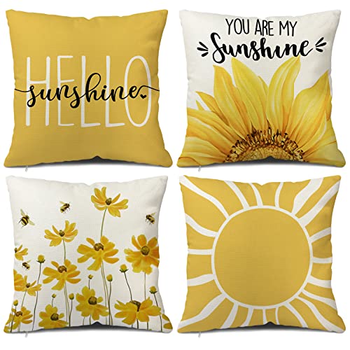 Snycler Hello Sunshine Kissenbezug Bauernhaus Gelb Lendenkissen Frühling Sommer Gänseblümchen Biene Sonnenblume 4er Set Dekorationen Kissenbezug für Sofa Couch Polyester Leinen 45,7 x 45,7 cm von Snycler