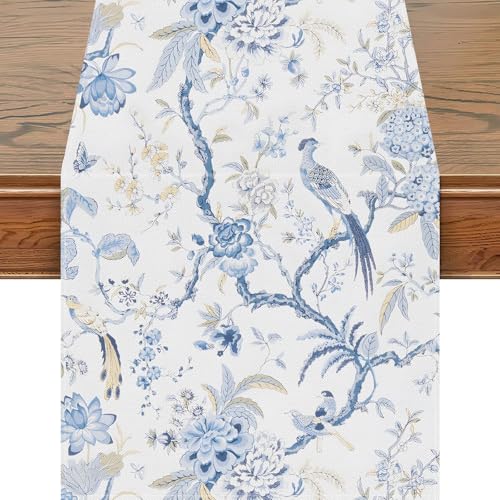 Snylcce 13x47 Zoll Tisch Läufer Blau Weiß Vogel Blume Chinoiserie Modern Elegant Luxus Bauernhaus Geometrisch Center Weiß Leinen Dekor für Home Dining Party Entrance von Snylcce