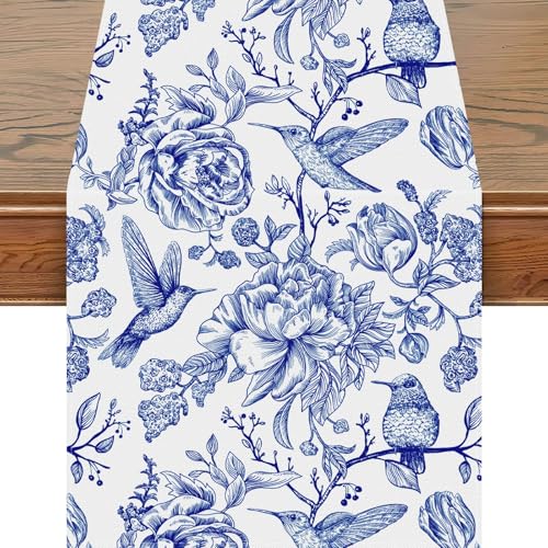 Snylcce 13x72 Zoll Tischläufer Blau und Weiß Monochrome Skizze Vögel Blume Tischdecke Retro Floral Küche Esszimmer Tischdekoration für Indoor Outdoor Home Party Restaurant Supplies von Snylcce