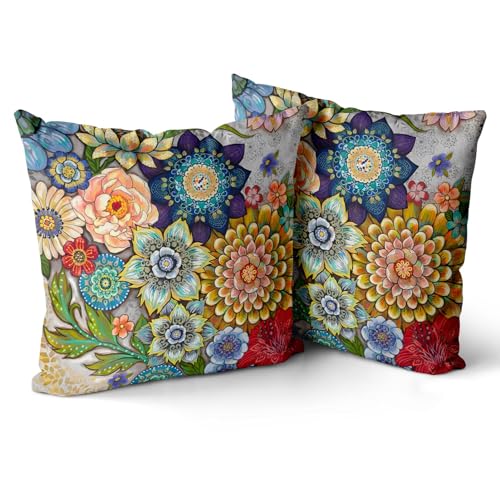 Snylcce 2er Set Frühlings Boho Kissenbezüge Dekokissen 65 x 65 Samt Soft Kissenbezug Böhmischer Retro Ethno Dekorative Kissenhülle Zierkissenbezüge für Sofa Schlafzimmer Wohnzimmer Zuhause Blüte 1 von Snylcce