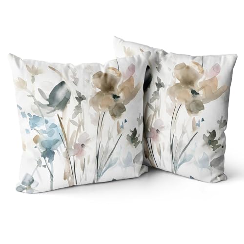 Snylcce Braun Creme Grau Teal Floral Kissenbezüge Aquarell Blume Couch 16x16 Zoll Kissen Fälle rustikal abstrakt modern werfen Kissen Set von 2 Bauernhaus Home Decor für Zimmer Schlafzimmer 40x40 cm von Snylcce