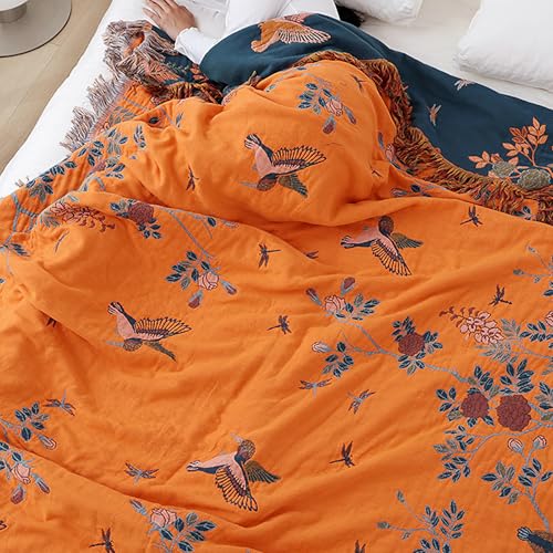 Snylcce Doppelseitige böhmische Decke - 100% Bio-Baumwolle, handgewebte Bett- und Sofadecke, gemütlicher Boho-Akzent für 2-3-Sitzer Sofas und Sessel - 200x230cm,Orange Bird von Snylcce