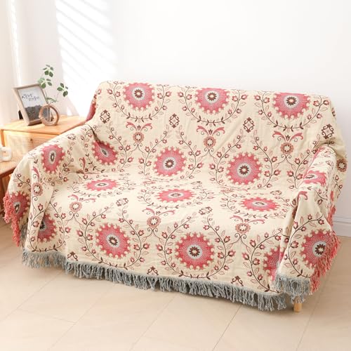Snylcce Doppelseitige große böhmische Decke - 100% Bio-Baumwolle, handgewebte Bett- und Sofadecke, gemütlicher Boho-Akzent für 2-3-Sitzer Sofas und Sessel - 150x200cm, lebhaftes Marigold-Rosa von Snylcce