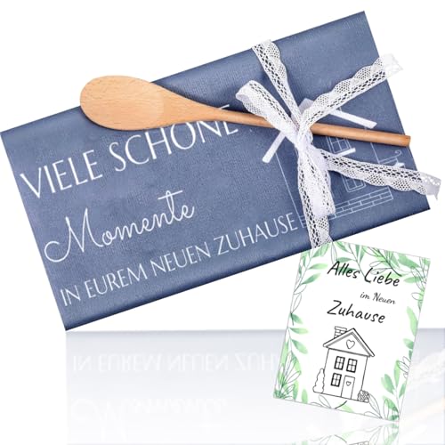 Snyvpra Einzugsgeschenke Haus & Wohnung - Premium Geschenkset Geschirrtuch (100% Baumwolle), Kochlöffel Holz & Grußkarte - Willkommensgeschenk für Neues Zuhause, Einzug in Wohnung oder Hauseinweihung von Snyvpra
