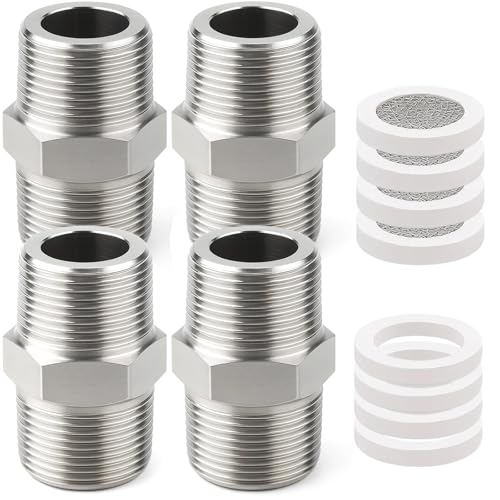 Snyvpra 4 Stück Edelstahl Doppelnippel 1/2 Zoll Mit 2 X Dichtungen Und 2 X Filter Element, 1/2" Duschschlauch Adapte, Duschschlauch Verlängerung, Für Verschiedene Wasserleitungen von Snyvpra