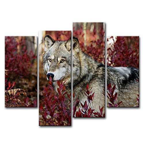 4-teiliges Wandbild, Wolf im Wald, auf Leinwand gedrucktes Kunstwerk, moderne Dekoration fürs Zuhause, Ölfarbe von So Crazy Art