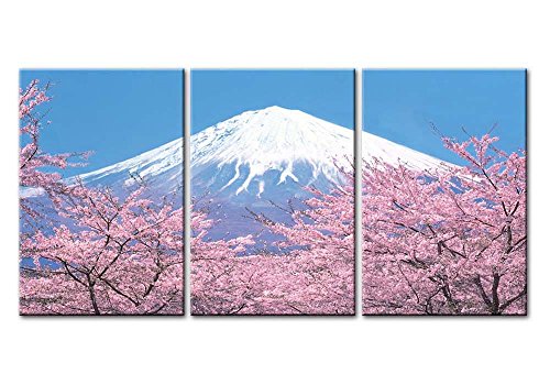 Leinwanddruck, Motiv Gipfel des Fuji mit Kirschblüten (Sakura) und Blick auf den See Kawaguchiko in Japan im Frühling, 3-teilig, modernes Gemälde im Giclée-Fotodruck, japanische Landschaftsbilder von So Crazy Art