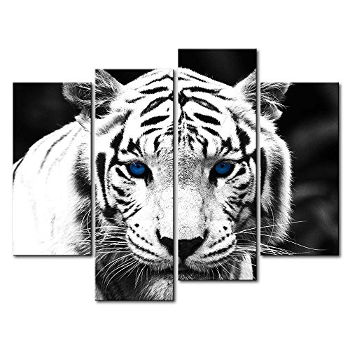 So Crazy Art Schwarz & Weiß 4 Panel Wand-Kunst Painting Blue Eyed Tiger Prints auf Leinwand Das Bild Animal Bilder Öl für Home Moderne Dekoration Print Decor für Küche von So Crazy Art