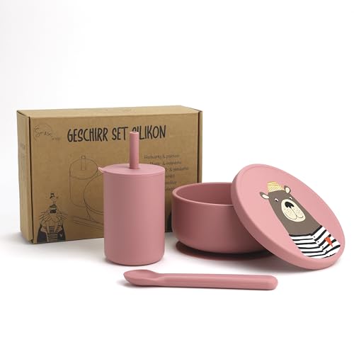So&So Silikon Geschirr Set für Babys, hochwertiges BLW Baby Geschirrset mit Saugnapf, Deckel, Becher und Löffel – rutschfest und mikrowellengeeignet| Perfekt für Babys & Kleinkinder(Pink) von So&So