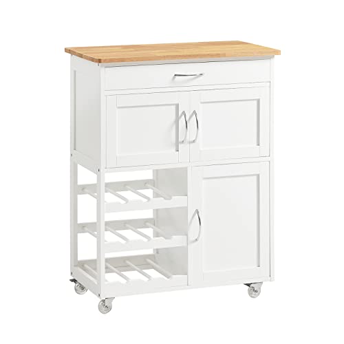 SoBuy Servierwagen mit Rollen Küchenwagen mit Arbeitsplatte Rollwagen mit Schubladen, Weinregal Kücheninsel Küchenregal stehend Möbel für Küche, Esszimmer & Outdoor Weiß 67x86x38cm FKW45-WN von SoBuy