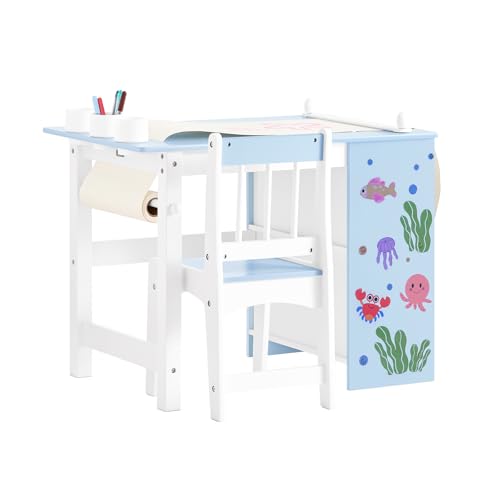 SoBuy 2 Stück Kindertisch und Stuhl Set mit Aufklebern DIY Kinderschreibtisch mit 3 Stifthaltern Blau und Weiß KMB60-B von SoBuy