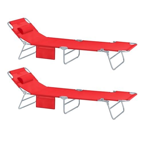 SoBuy 2-er Set Sonnenliege klappbar Gartenliege Liegestuhl klappbar mit Kopfkissen & Seitentasche Strandliege Balkon Relaxliege 155x56x81cm für Gartenmöbel Terrasse Camping Rot OGS35-Rx2 von SoBuy