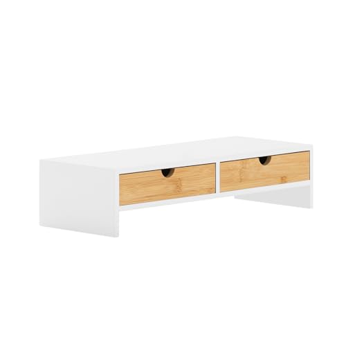 SoBuy BBF02-WN Monitor Bildschirm Ständer Monitorerhöhung Bildschirmerhöher Monitorständer mit 2 Schubladen BHT ca. 47x11x18cm (Weiß-Natur) von SoBuy