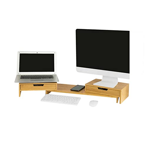 SoBuy BBF04-N Design Monitorerhöhung für 2 Monitore Monitorständer Bildschirmständer Notebookständer Schreibtischaufsatz mit 2 Schubladen breitenverstellbar Bambus BHT ca.: 60-108x11x22cm von SoBuy