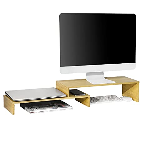 SoBuy BBF07-N Design Monitorerhöhung für 2 Monitore Monitorständer Bildschirmständer Notebookständer Schreibtischaufsatz breitenverstellbar Bambus BHT ca.: 52-104x15x22cm von SoBuy