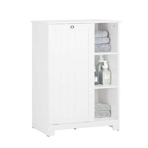 SoBuy Badezimmerschrank mit Wäschesack – Wäscheschrank mit ausklappbarem Wäschekorb und 3 Regale – platzsparender Badschrank, Badmöbel aus Holz für kleine Räume, Weiß 60x86x37cm, BZR105-W von SoBuy