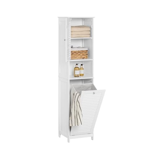 SoBuy Badezimmerschrank Hochschrank mit Wäschekorb Schmaler Badschrank mit Regal, Badmöbel für kleine Bäder, Wäscheschrank stehend Badezimmer Schrank Weiß 40x170x38 cm BZR124-W von SoBuy