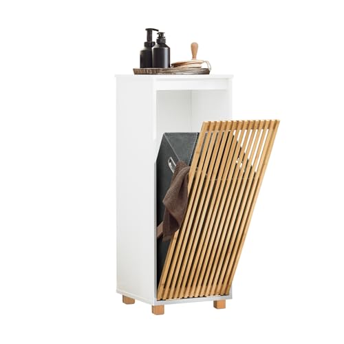 SoBuy Badezimmerschrank mit Wäschekorb – Kompakter Badschrank mit Wäschesack, Platzsparend – Wäscheschrank für Badezimmer, Gäste-WC – Badmöbel aus MDF und Bambus, Weiß-Natur, 32x85x33cm, BZR126-W von SoBuy