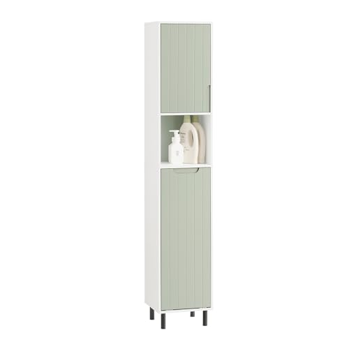 SoBuy BZR137-GR Hochschrank mit ausklappbarem Wäschesack Badezimmer Schrank Badschrank schmal Wäscheschrank Badregal Badezimmermöbel Weiß-Grün BHT ca. 31x167x30cm von SoBuy