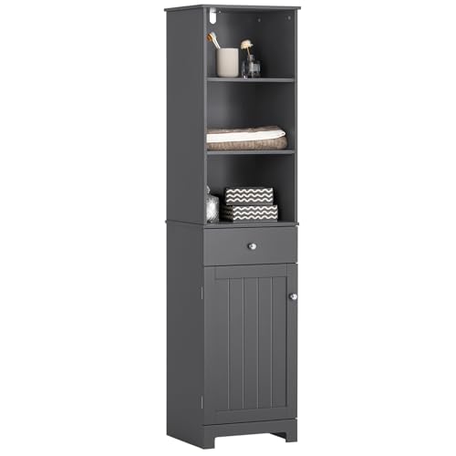 SoBuy BZR17-DG Badezimmer Hochschrank Badschrank Badregal Badezimmerschrank mit 3 offenen Fächern, 1 Schublade und 1 Tür dunkelgrau Badmöbel BHT ca: 40x161x35cm von SoBuy