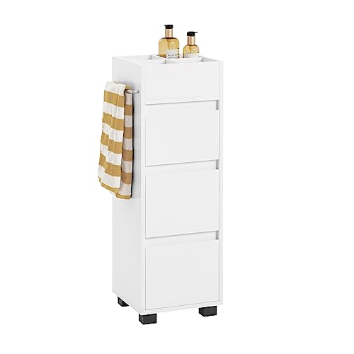 SoBuy Badezimmerschrank – Schmaler Badschrank mit 3 Schubladen, 4 Fächern, Handtuchhalter, Kommode – Kompakte Badmöbel aus für kleine Räume und Nischen in Holz, Weiß, 30x90x30 cm, BZR29-W von SoBuy