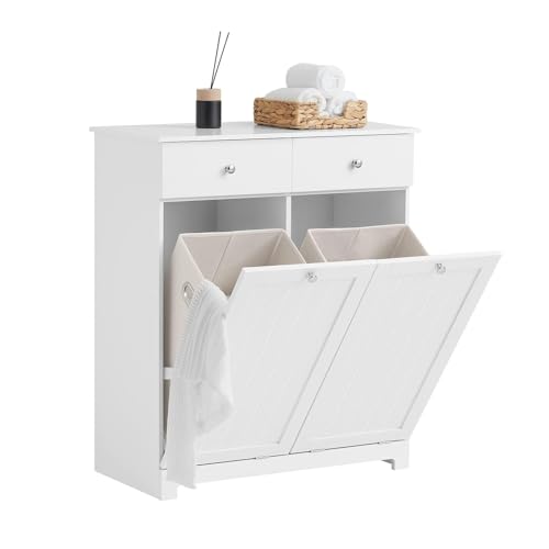 SoBuy Badezimmerschrank mit Wäschekorb - Badschrank mit 2 Wäschesäcken, 2 Schubladen - Stabiler Wäscheschrank für Bad, Waschküche - Modernes Badmöbel aus Holz, Weiß, 78x90x38cm, BZR33-II-W von SoBuy