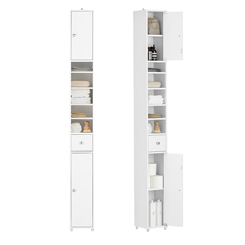 SoBuy BZR34-W Badezimmer Hochschrank mit 5 Fächern Badschrank Badregal mit 1 Schublade und Türen Badmöbel Weiß BHT ca: 20x180x20cm von SoBuy