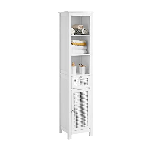 SoBuy BZR36-W Badezimmer-Hochschrank mit Gitteroptik Badregal Badschrank Badmöbel mit 3 offenem Fächern, 1 Schublade und 1 Tür Weiß BHT ca: 35X161X32cm von SoBuy