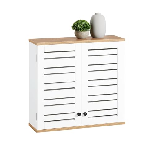 SoBuy Hängeschrank für Badezimmer – Kompakter Badezimmerschrank – Wandschrank mit Lamellentüren und verstellbaren Ablagen aus Holz, für Küche und Flur – Medizinschrank, Weiß, 60x56x19cm, BZR42-W von SoBuy