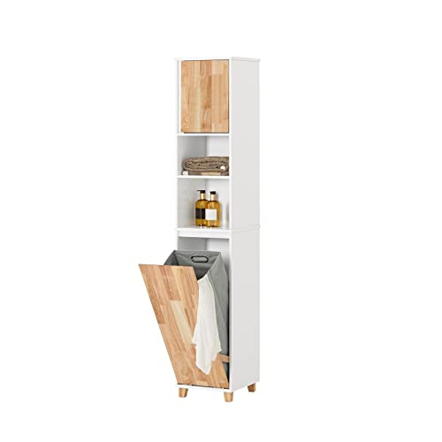 SoBuy BZR74-W Badezimmer Hochschrank mit ausklappbarem Wäschesack Badschrank Badregal Wäscheschrank Wäschetruhe Badmöbel Weiß-Natur BHT ca: 31x170x32cm von SoBuy