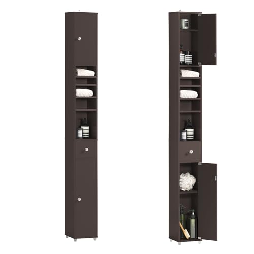 SoBuy Badzimmerschrank Schmal - Badezimmer Hochschrank aus Holz mit verstellbaren Einlegeböden - Wasserabweisender Badschrank - platzsparendes Badmöbel, Braun, 20x180x20cm, BZR34-BR SoBuy Badzimmerschrank Schmal - Badezimmer Hochschrank aus Holz mit verstellbaren Einlegeböden - Wasserabweisender Badschrank - platzsparendes Badmöbel, Braun, 20x180x20cm, BZR34-BR von SoBuy