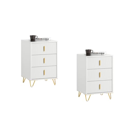 SoBuy 2er Set Nachttisch, Nachtschrank mit 3 Schubladen, Moderner Beistelltisch für Schlafzimmer, Weiß B40 x T40 x H63 cm FBT115-L-Wx2 von SoBuy