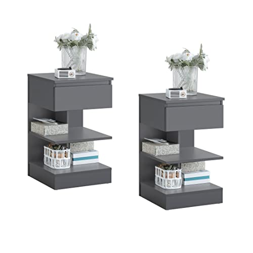 SoBuy 2er Set Nachttisch schmal, Nachtschrank mit 1 Schublade und 2 Ablagen, Moderner Beistelltisch, Aufbewahrungsschrank für das Schlafzimmer, Bedside Table B39 x T39 x H65 cm Grau FBT49-HGx2 von SoBuy