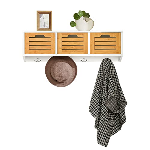 SoBuy FHK19-WN Wandgarderobe Flurgarderobe Kleiderhaken Hängeregal mit 3 Körben und 4 Haken Garderobe natur BHT ca.: 80x25x20cm von SoBuy