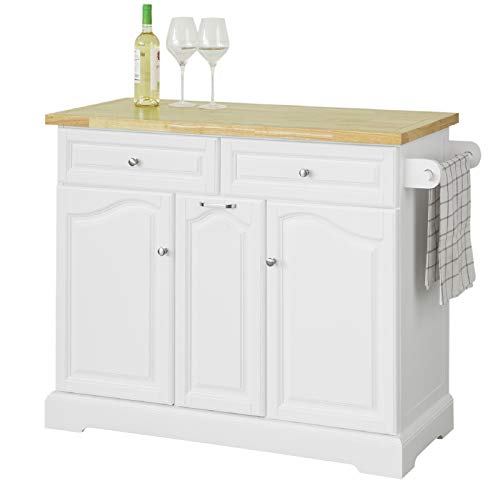 SoBuy FKW100-WN Kücheninsel mit Arbeitsplatte und 4 versteckten Rollen Küchenwagen ausziehbarem Flaschenhalter Küchenschrank Sideboard auf Rollen Küchentrolley weiß BHT ca.: 115x90,2x46cm von SoBuy