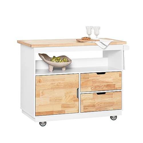 SoBuy FKW107-II-WN Design Küchenwagen mit Arbeitsplatte Kücheninsel mit Gewürzregal Küchenschrank Rollwagen Sideboard auf Rollen Küchentrolley Weiß-Natur BHT ca. 119x90x55cm von SoBuy