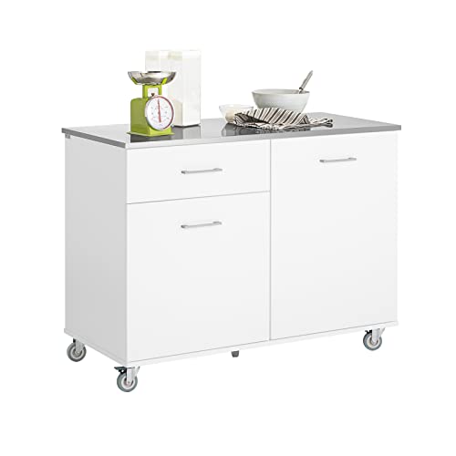 SoBuy Kücheninsel auf Rollen Servierwagen mit Rollen Küchenwagen mit Edelstahl-Arbeitsplatte Rollwagen mit 1 Schublade Barwagen für Küche, Esszimmer, Frühstücksbar Weiß 120x90x56cm FKW117-W von SoBuy