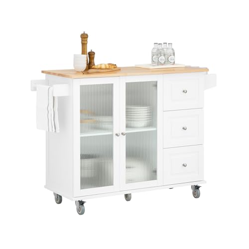 SoBuy FKW120-WN Design Küchenwagen mit Arbeitsplatte Küchenschrank mit Glastüren Kücheninsel mit Gewürzregal Rollwagen Sideboard auf Rollen Küchentrolley Weiß BHT ca. 128x92x46cm von SoBuy