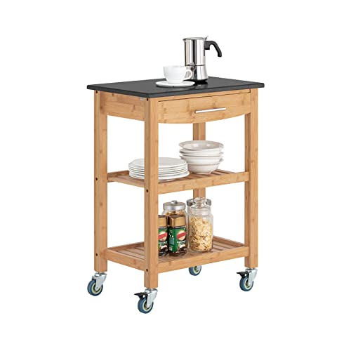 SoBuy Servierwagen mit Rollen Küchenwagen mit Arbeitsplatte Rollwagen Küche Beistelltisch Servierwagen Outdoor Bambus mit Granitplatte 58x85x40cm FKW28-SCH von SoBuy